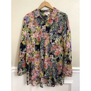 Norm Thompson Blouse Womens Large Pink Blue Tunic Top Boho Romantic Floral Sheer